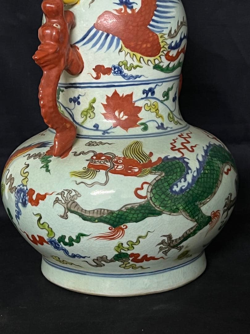 希少品【倉庫整理】古美術　明時代五彩龍鳳文瓢箪蓋瓶【大明宣徳年製】在銘 W-9