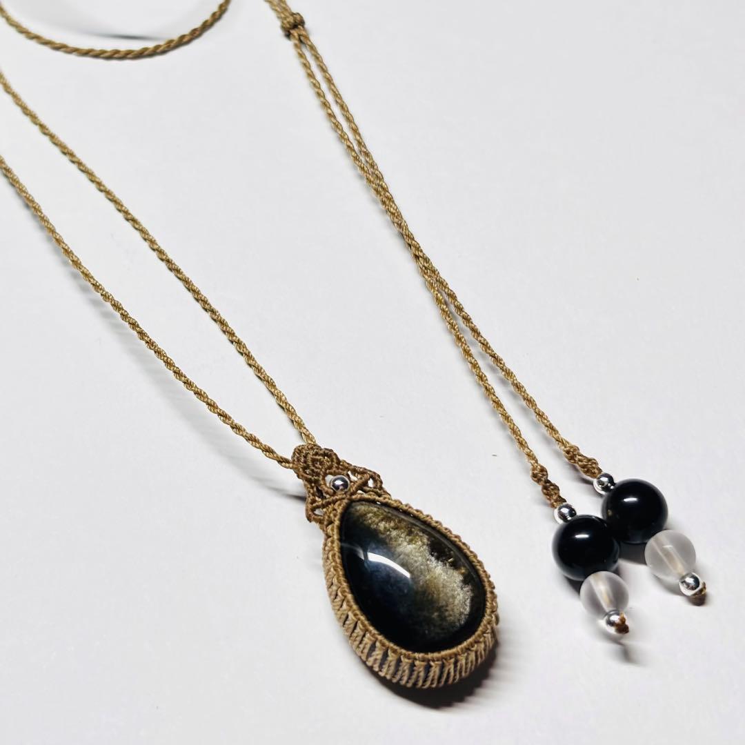 #2096 ♡ゴールドオブシディアン&フロスト水晶天然石♡マクラメネックレス