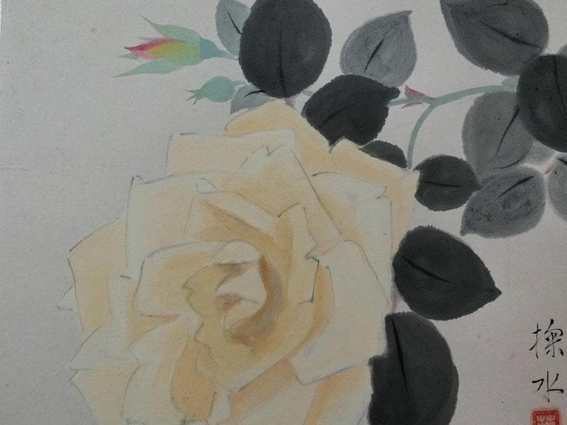 蔵出し品★真作　門井掬水　色紙　日本画　バラ　木製額縁