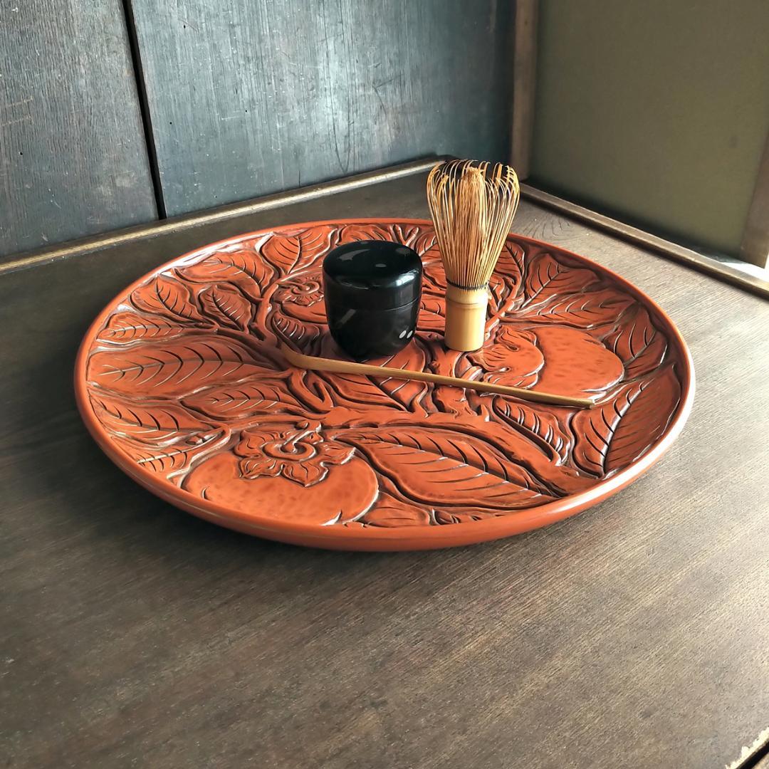 鎌倉彫　博古堂　大型　11寸　35.5㎝　柿モチーフ　丸皿・丸盆