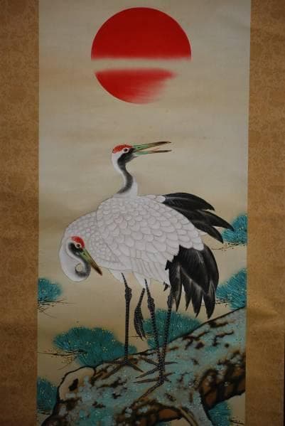 真作/宗春/双鶴図/桐共箱付/布袋屋掛軸HC-328