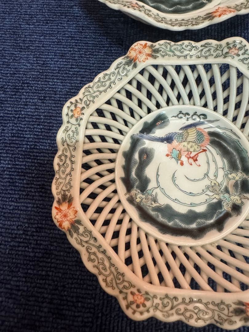 1601  希少　深川製磁 透かし皿 鳳凰文　菓子器  4客