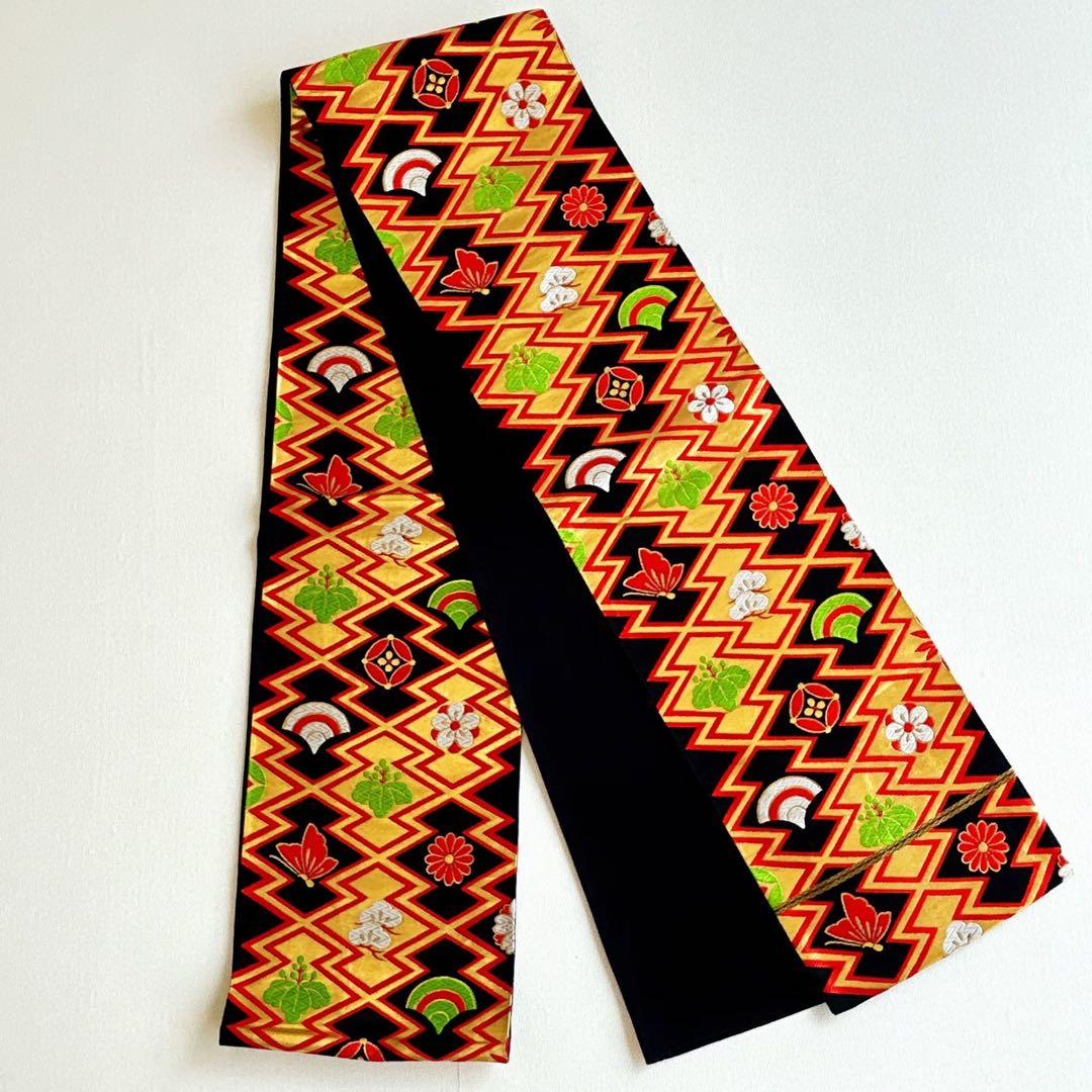 セット七五三 ７歳女の子 長着＆袖なし長襦袢＆帯＆小物　赤×黒　オシドリ　伊達衿