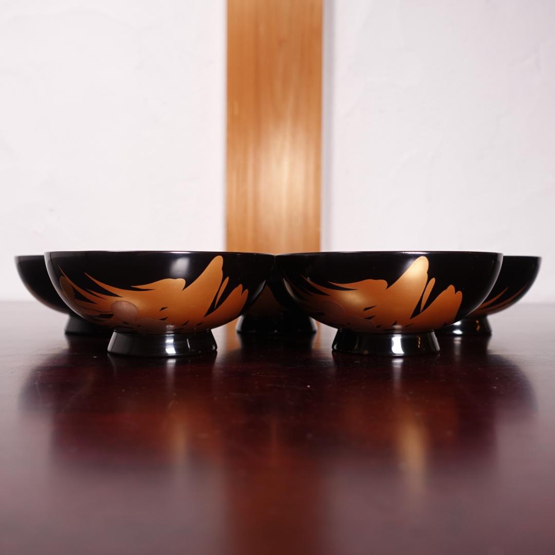 輪島塗 黒塗 あやめ蒔絵 吸物椀 5客 共箱 天然木製漆器