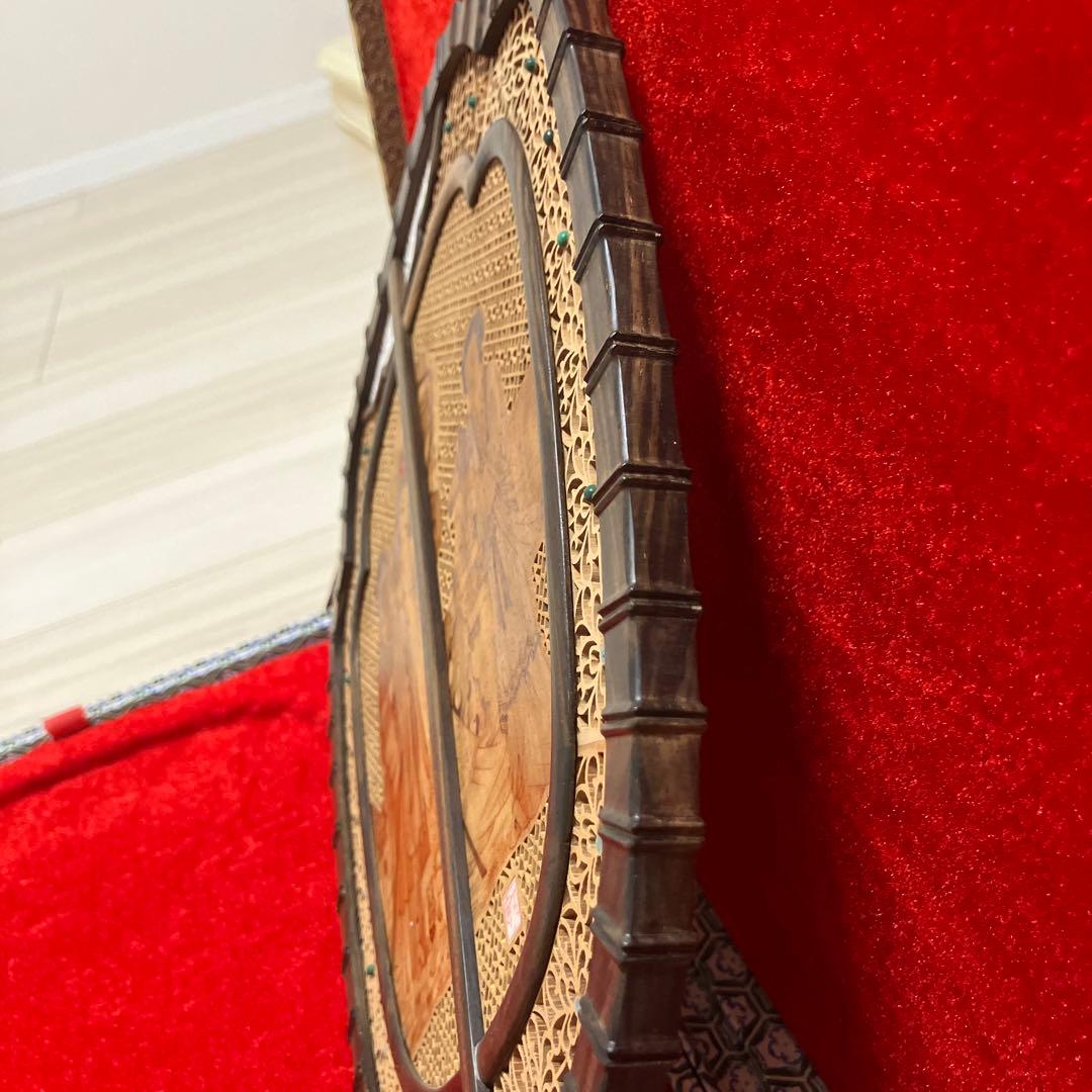 中国美術 唐木造 白檀透彫刻 翡翠 軍配型硯屏 団扇　唐物？