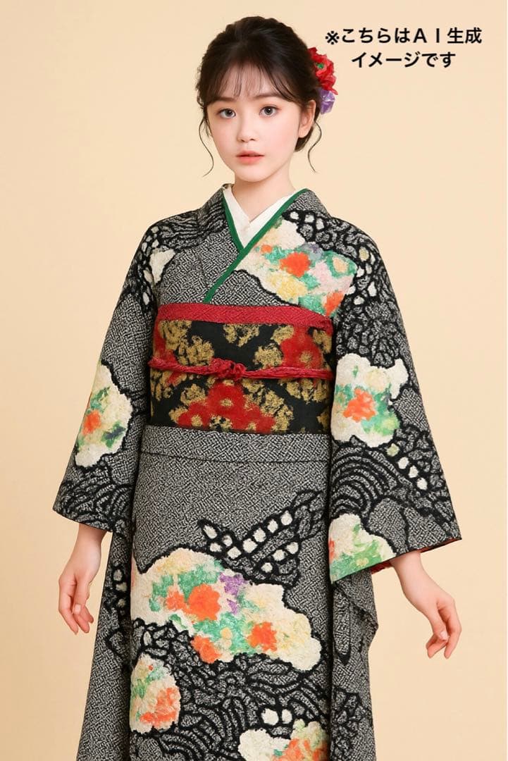 振袖 総絞り　着物　帯　セット　モノトーン　絞り　花柄　高級　成人式