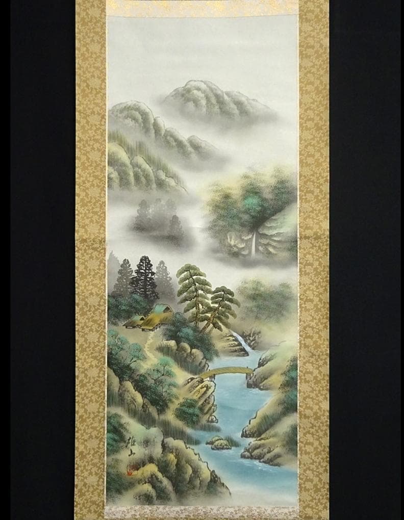 掛軸 小林雄山『彩色山水図』日本画 絹本 肉筆 共箱付 掛け軸 a033112