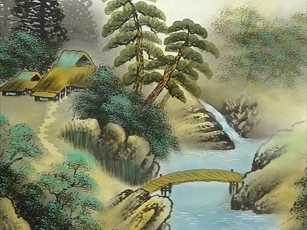 掛軸 小林雄山『彩色山水図』日本画 絹本 肉筆 共箱付 掛け軸 a033112