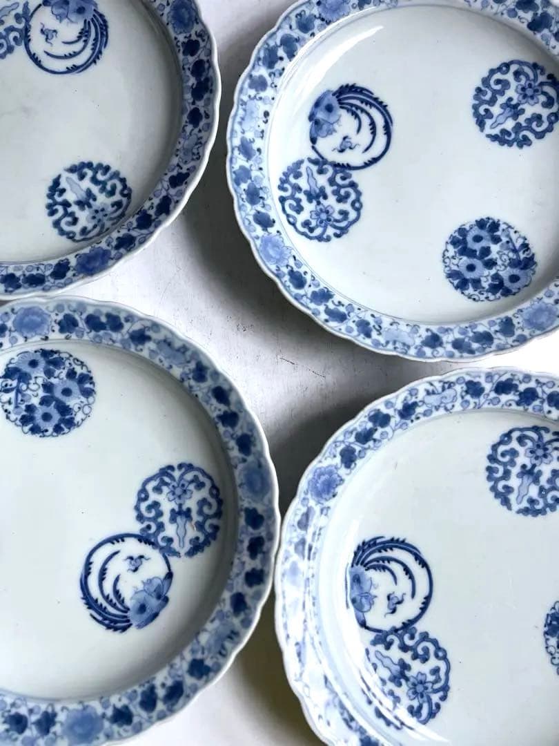 【ケイト様リクエスト】923 骨董 アンティーク 古伊万里 花唐草輪花皿 4点