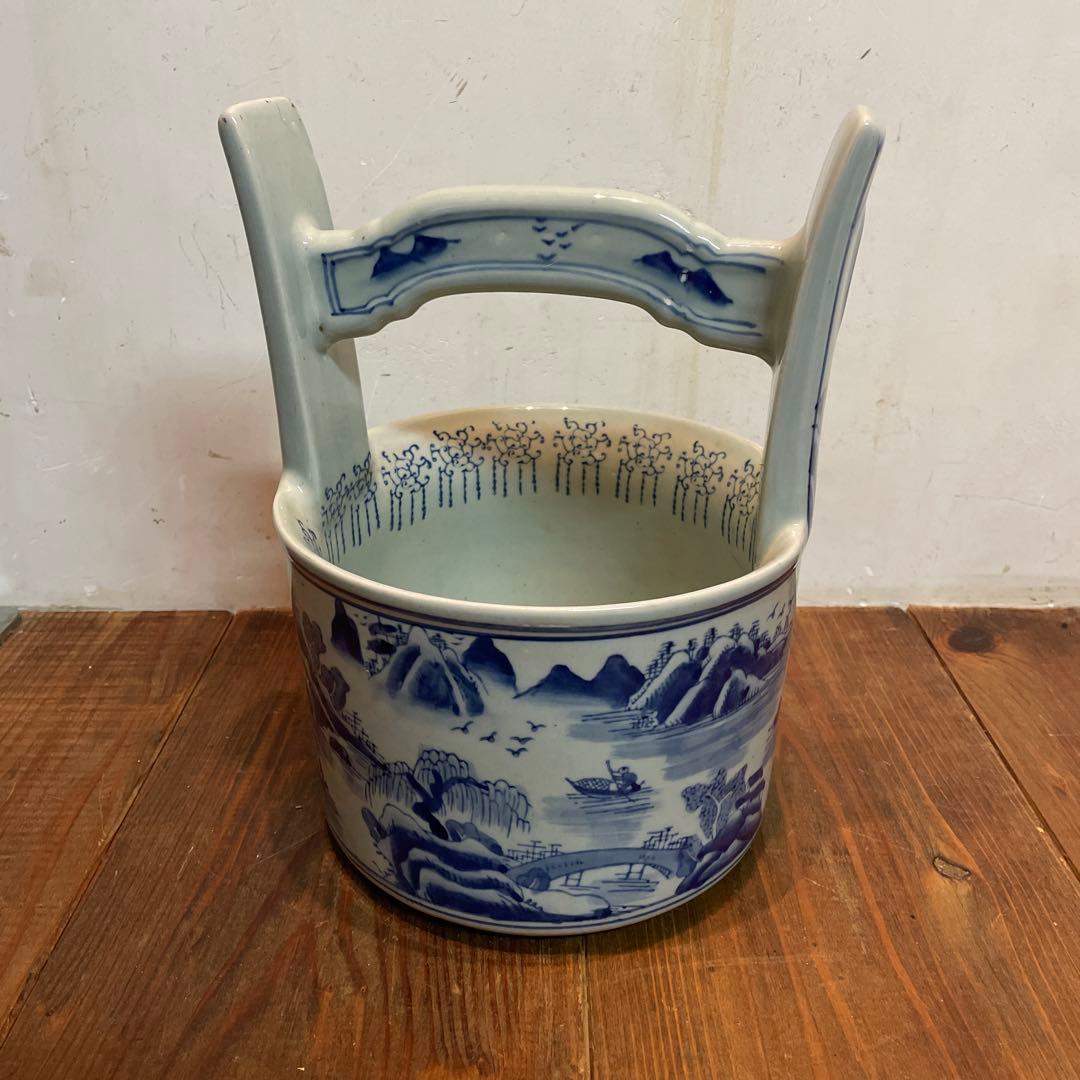 美品　陶器　時代物　染付　山水画　文手桶　花入　当時物　古道具