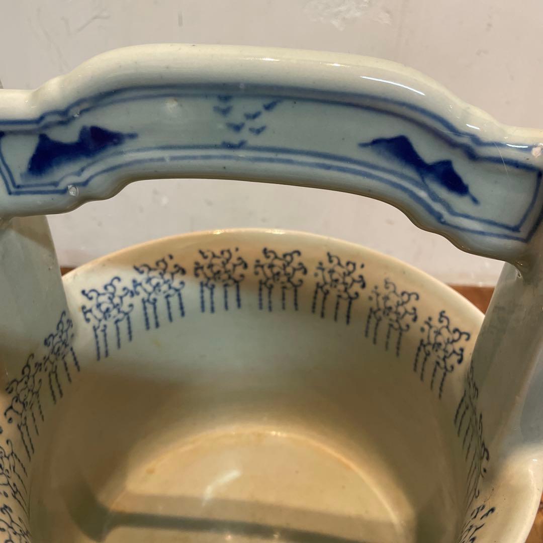 美品　陶器　時代物　染付　山水画　文手桶　花入　当時物　古道具