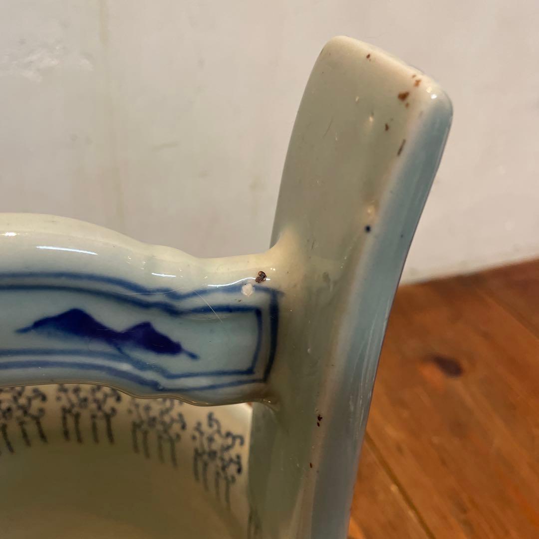 美品　陶器　時代物　染付　山水画　文手桶　花入　当時物　古道具