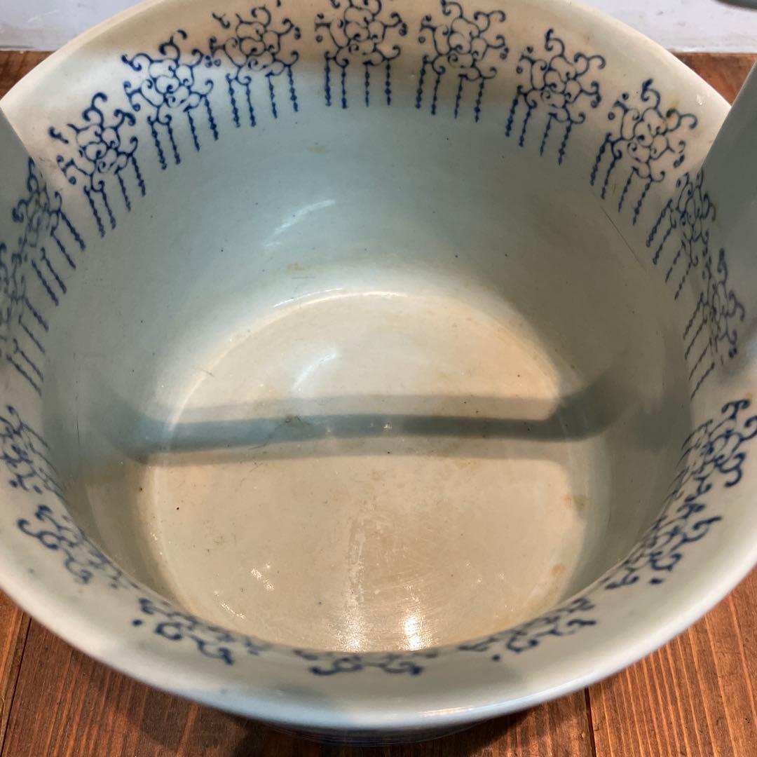 美品　陶器　時代物　染付　山水画　文手桶　花入　当時物　古道具