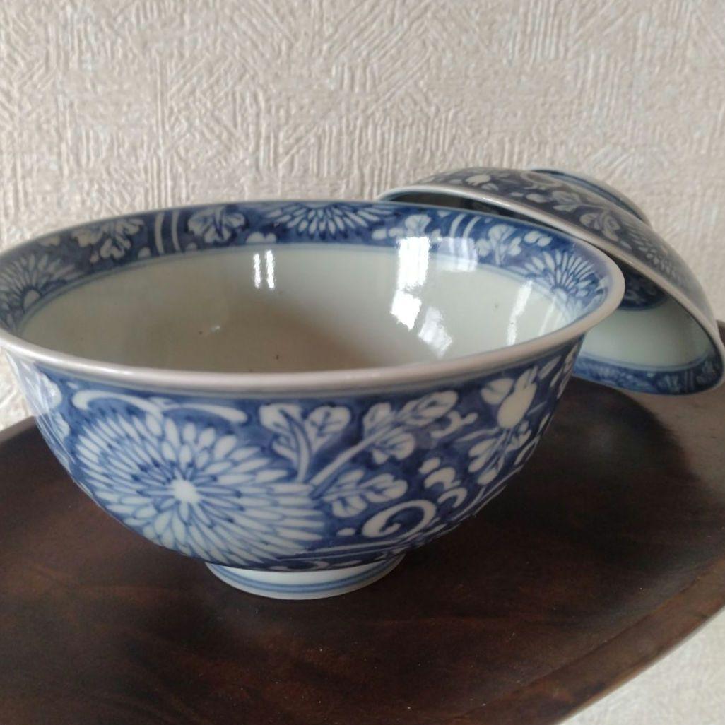 古伊万里染付菊唐草蓋付茶碗道光年製