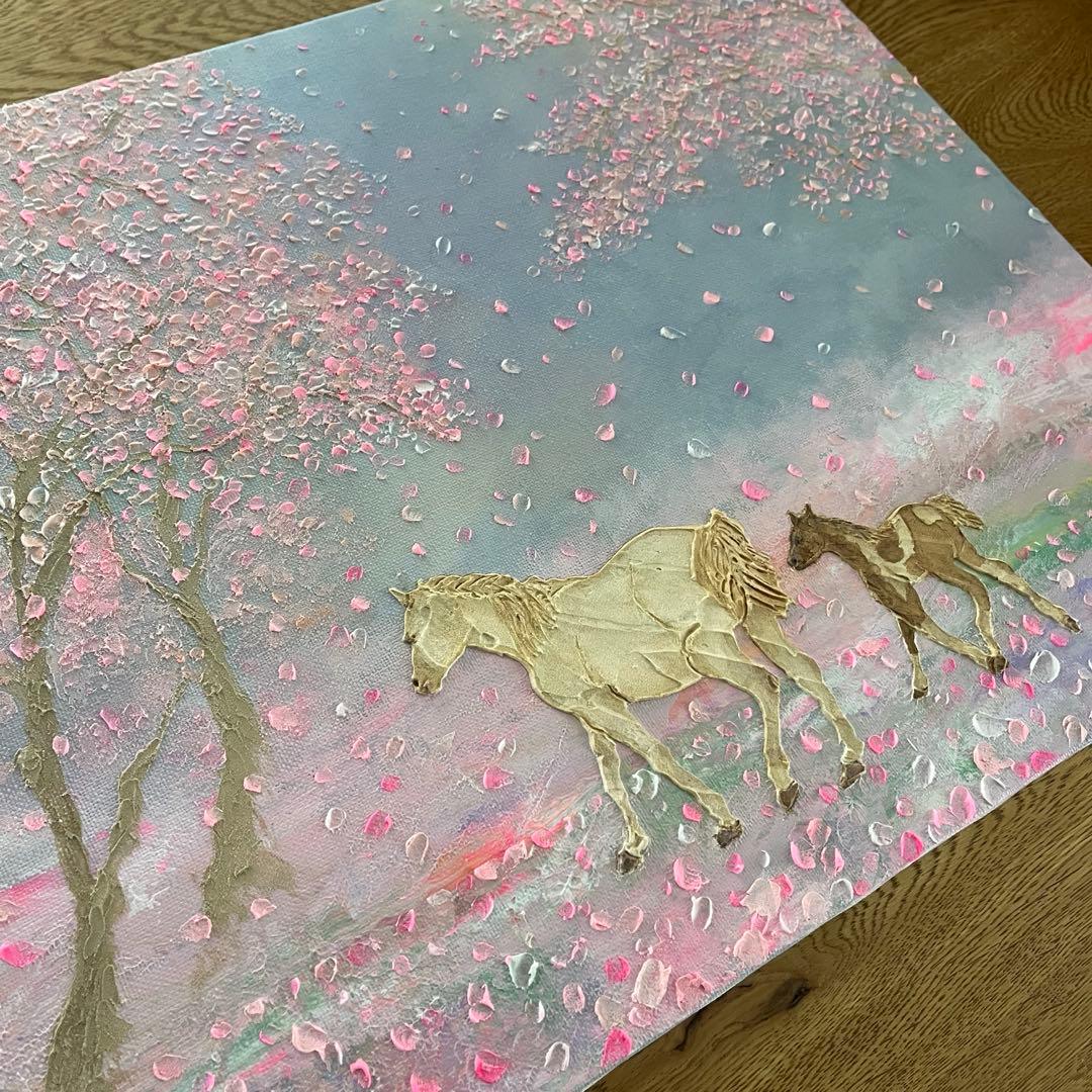 馬　馬の絵 桜 花の絵 テクスチャーアート さくら