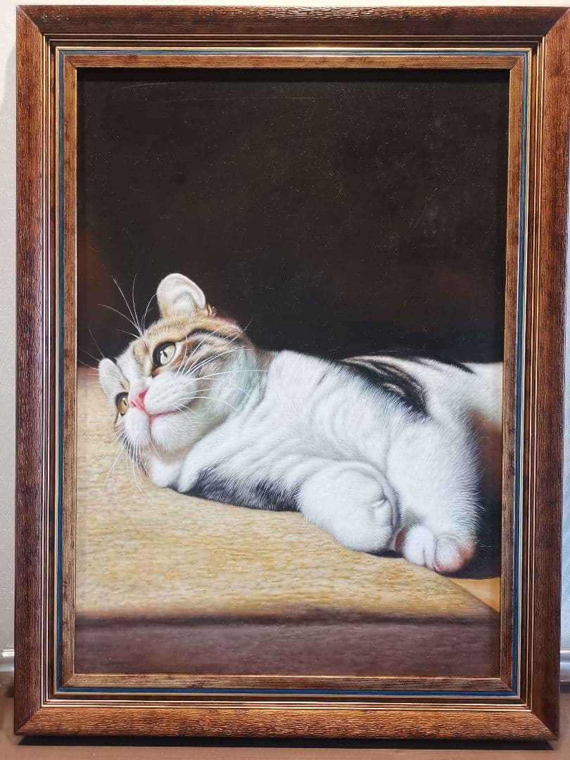 100%手描き 猫の絵画 リアル 写実画 額縁入り インテリア 癒し【送料無料】