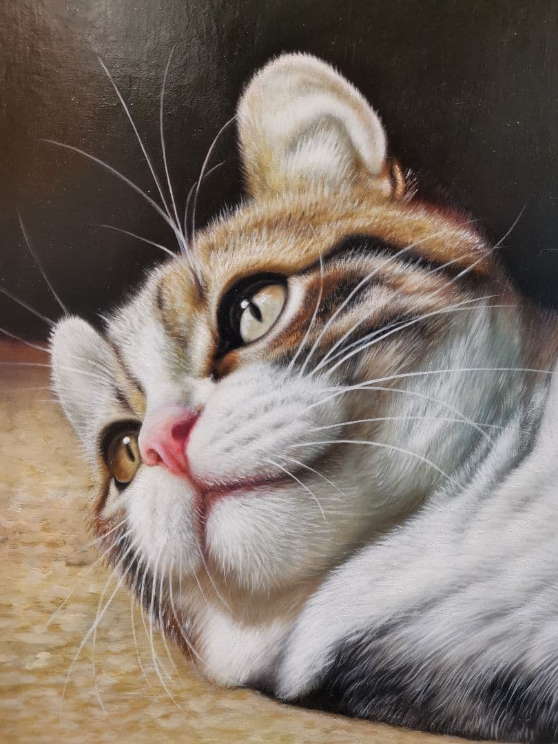 100%手描き 猫の絵画 リアル 写実画 額縁入り インテリア 癒し【送料無料】