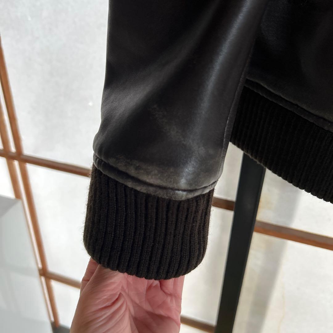 リブ襟ライダース 羊革 本革100% ブラウン Lサイズ