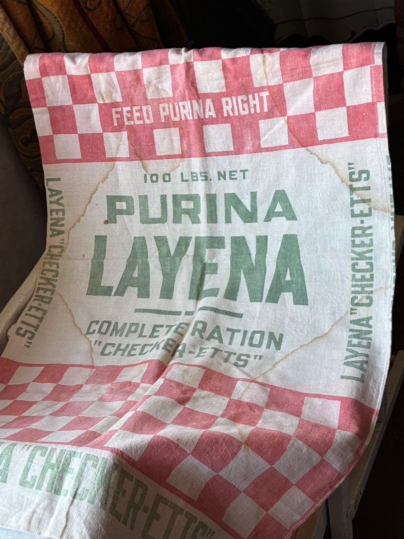 アンティーク　美しい　大きな　コットン　リネン　袋　市松模様　チェック　アメリカ