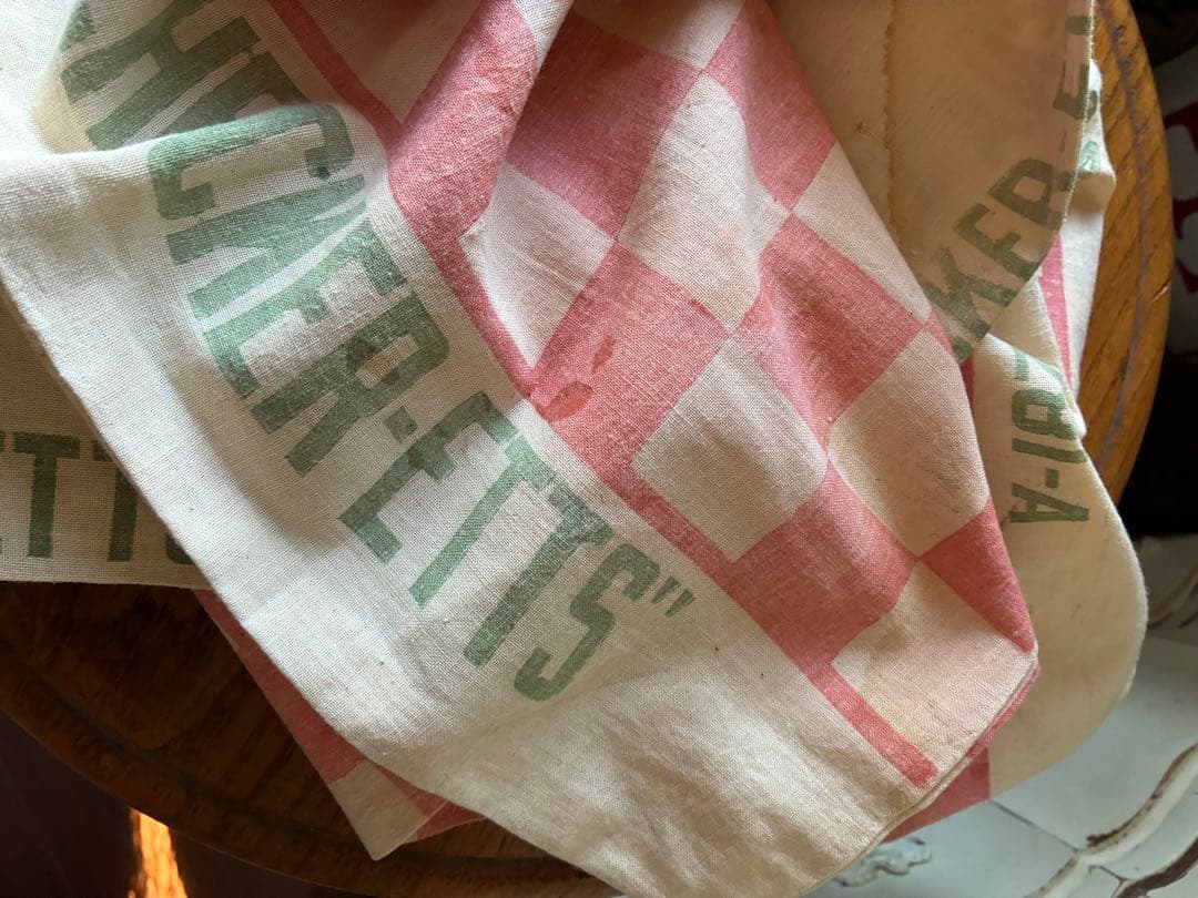 アンティーク　美しい　大きな　コットン　リネン　袋　市松模様　チェック　アメリカ