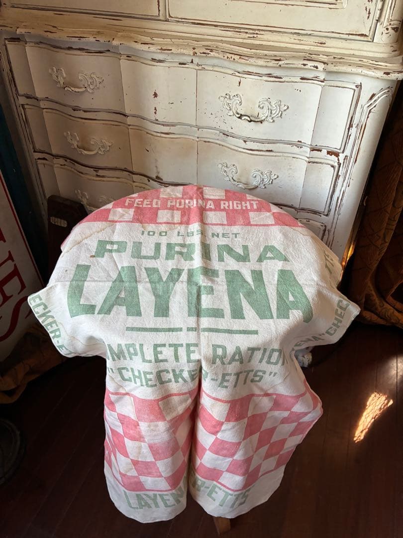 アンティーク　美しい　大きな　コットン　リネン　袋　市松模様　チェック　アメリカ