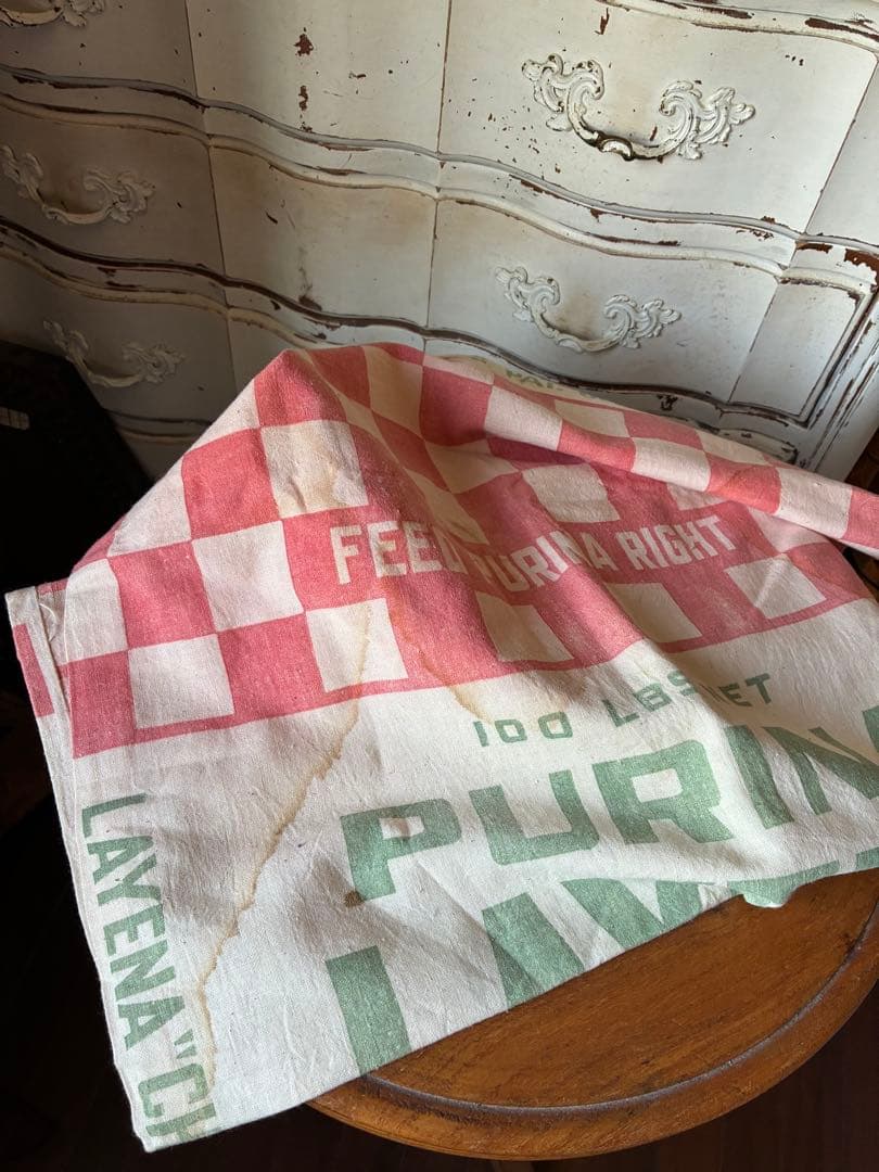 アンティーク　美しい　大きな　コットン　リネン　袋　市松模様　チェック　アメリカ