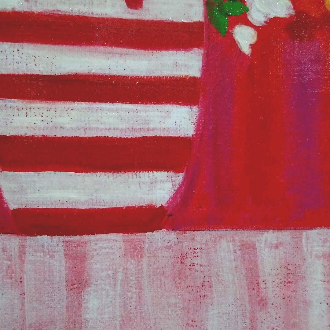 油絵　赤白ボーダーの花瓶と花