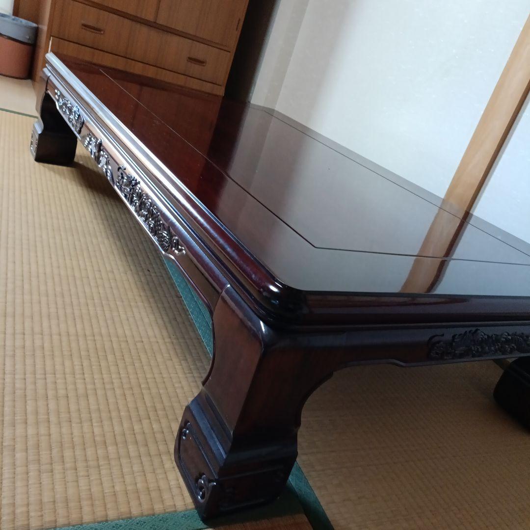 引き取り限定 木製座卓 ダークブラウン 彫刻装飾付き