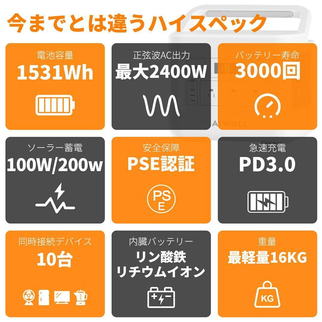 新品●AIWOLLポータブル電源 AC出力1500W瞬間最大2400W