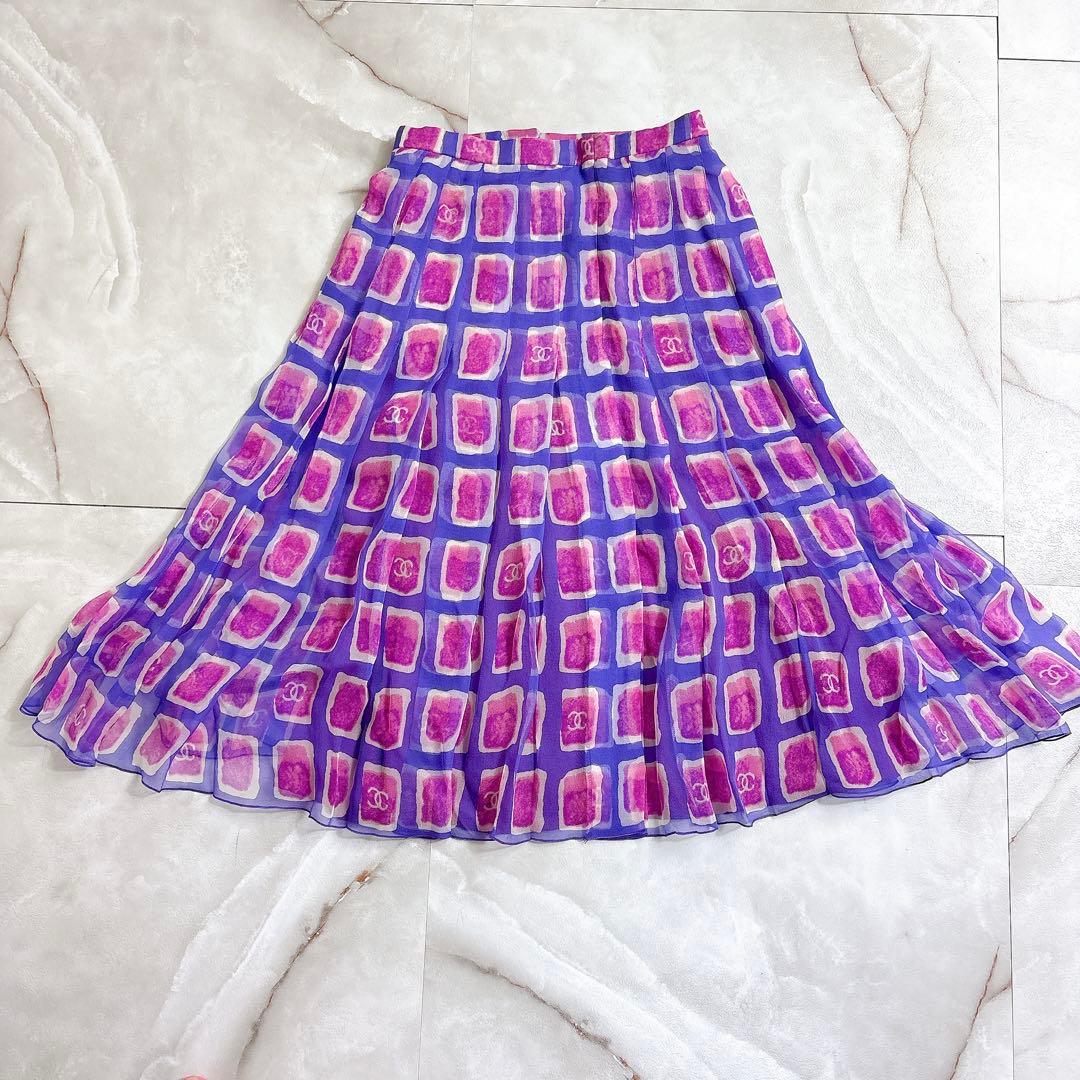 CHANEL シャネル　ココマーク　総柄　スカート　パープル　38