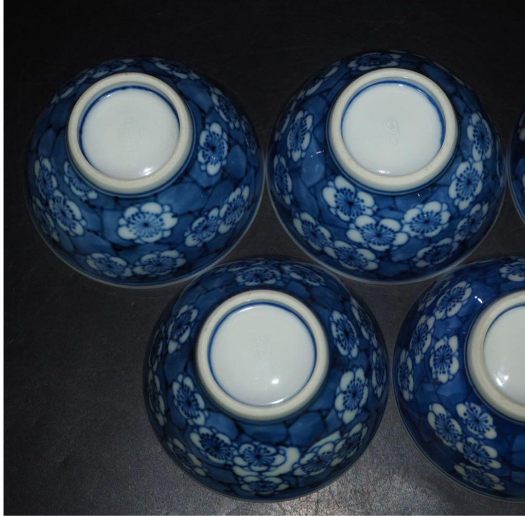 送料無料　『平安松雨』造 氷梅画茶碗５客　共箱　本物保証