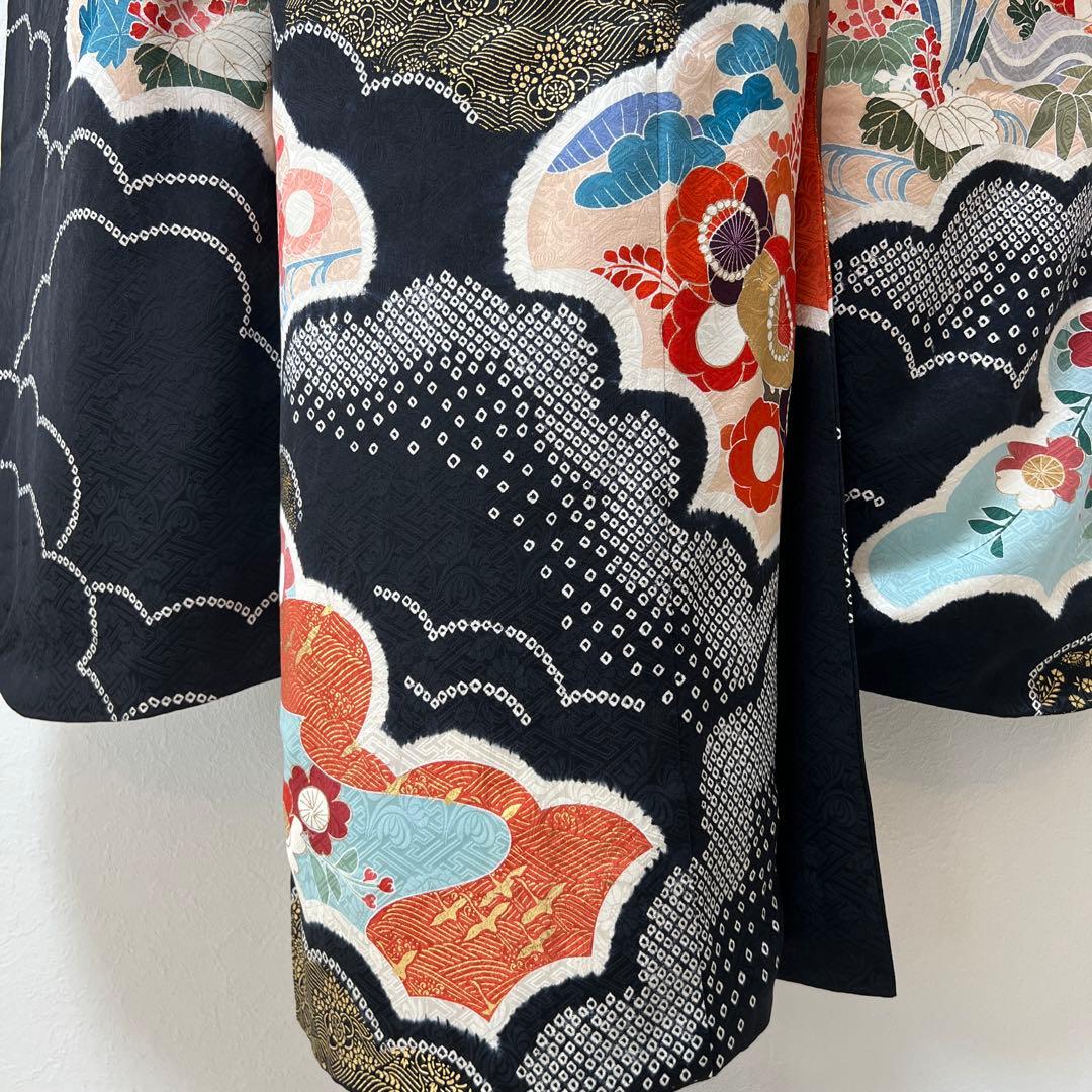 350 振袖フルセット 正絹 黒 朱赤 絞り 金彩 駒刺繍 古典 シック レトロ