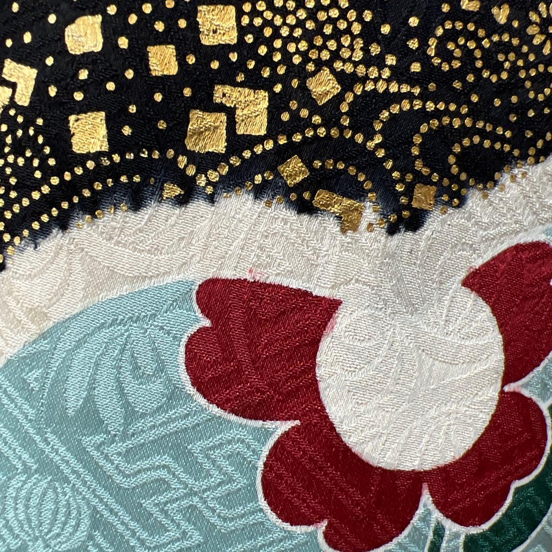 350 振袖フルセット 正絹 黒 朱赤 絞り 金彩 駒刺繍 古典 シック レトロ