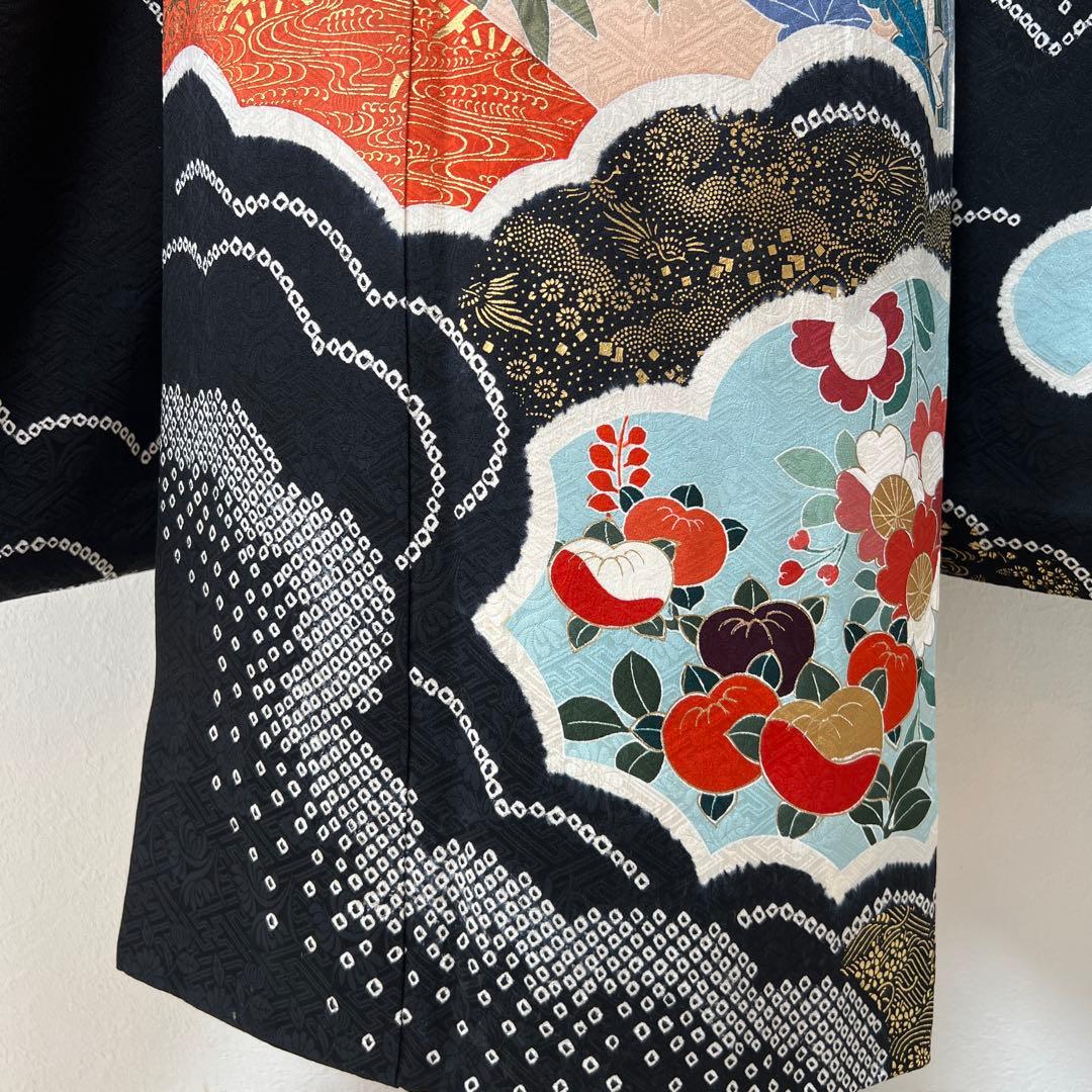 350 振袖フルセット 正絹 黒 朱赤 絞り 金彩 駒刺繍 古典 シック レトロ