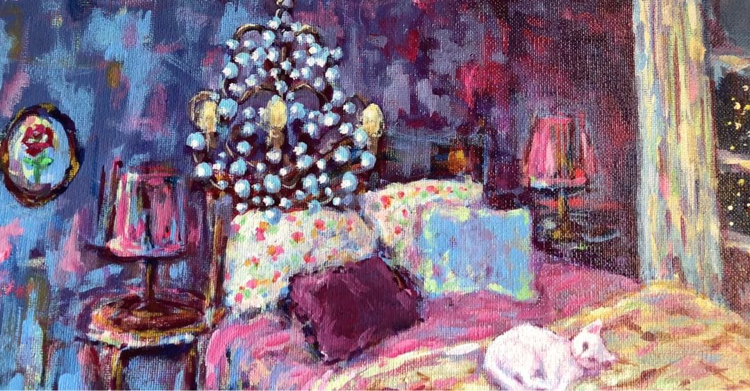 「猫とインコとイングリッシュコッカーのいる寝室」 アクリル画 原画 F8