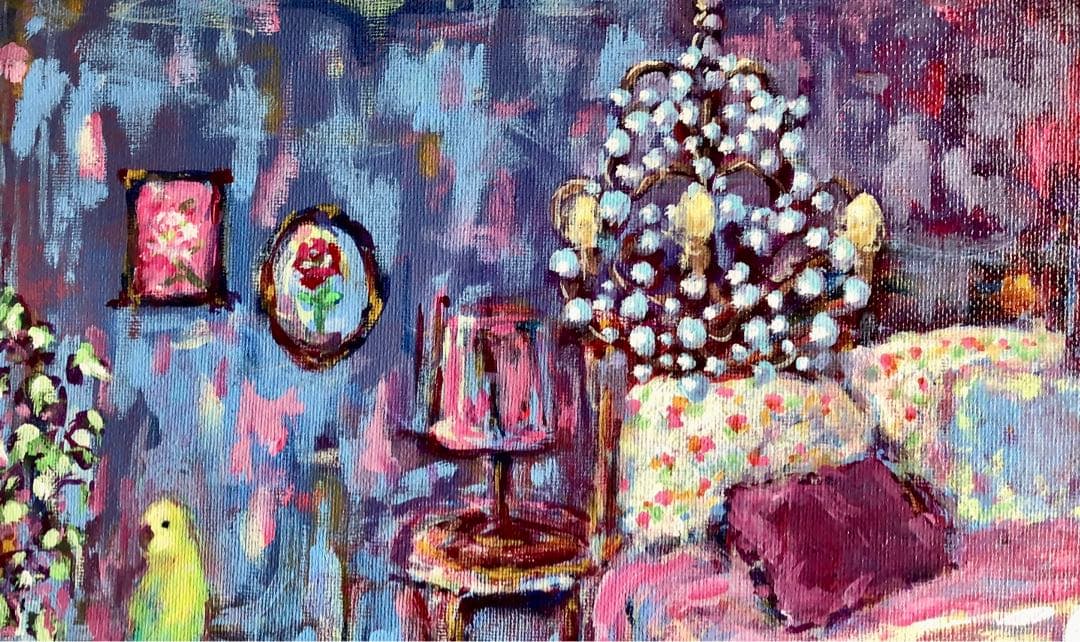 「猫とインコとイングリッシュコッカーのいる寝室」 アクリル画 原画 F8