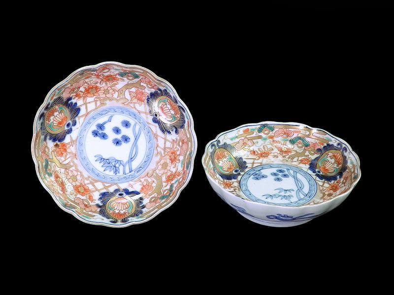 古伊万里　金襴手　松竹に牡丹の図　膾皿 ２客　E939AS-CQr