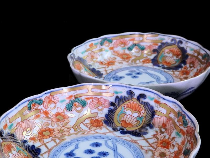 古伊万里　金襴手　松竹に牡丹の図　膾皿 ２客　E939AS-CQr