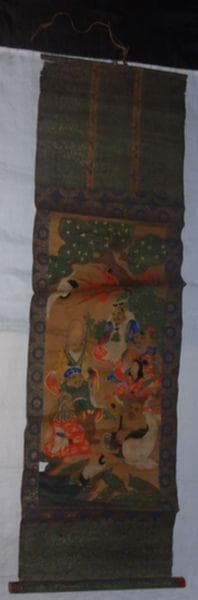 稀少 アンティーク 神社 七福神 毘沙門天 弁財天 大黒天 紙本 肉筆 掛軸