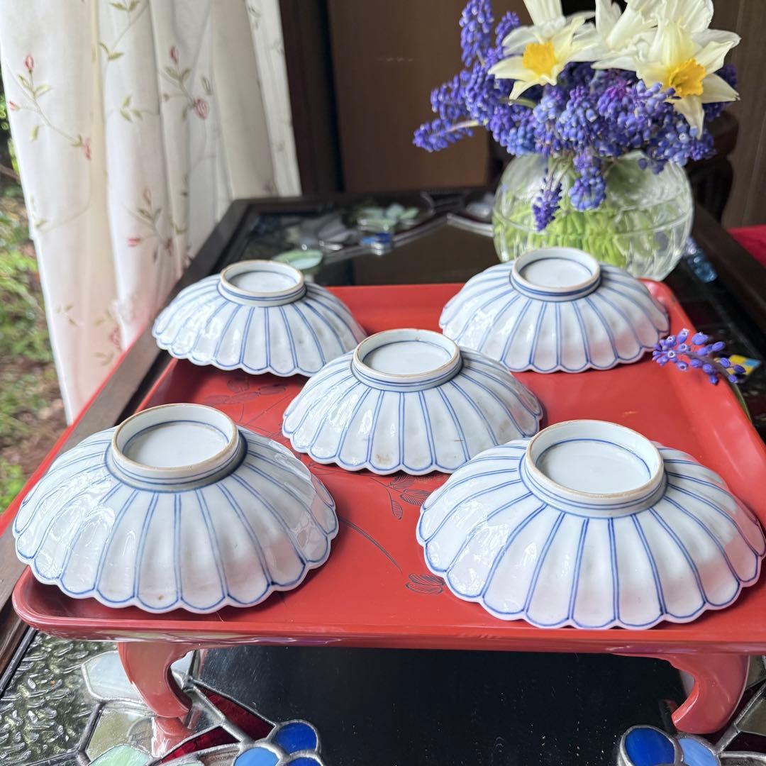 2154様感謝‼️清楚BLUE ‼️古伊万里すがすがしい花びらもりもり小判形菊皿5客