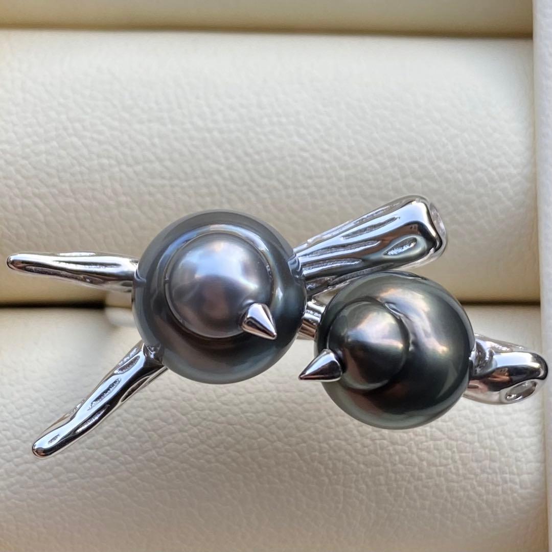 本真珠　南洋黒蝶真珠ダブルリング「鳥と枝」13mmダークグリーンL1259