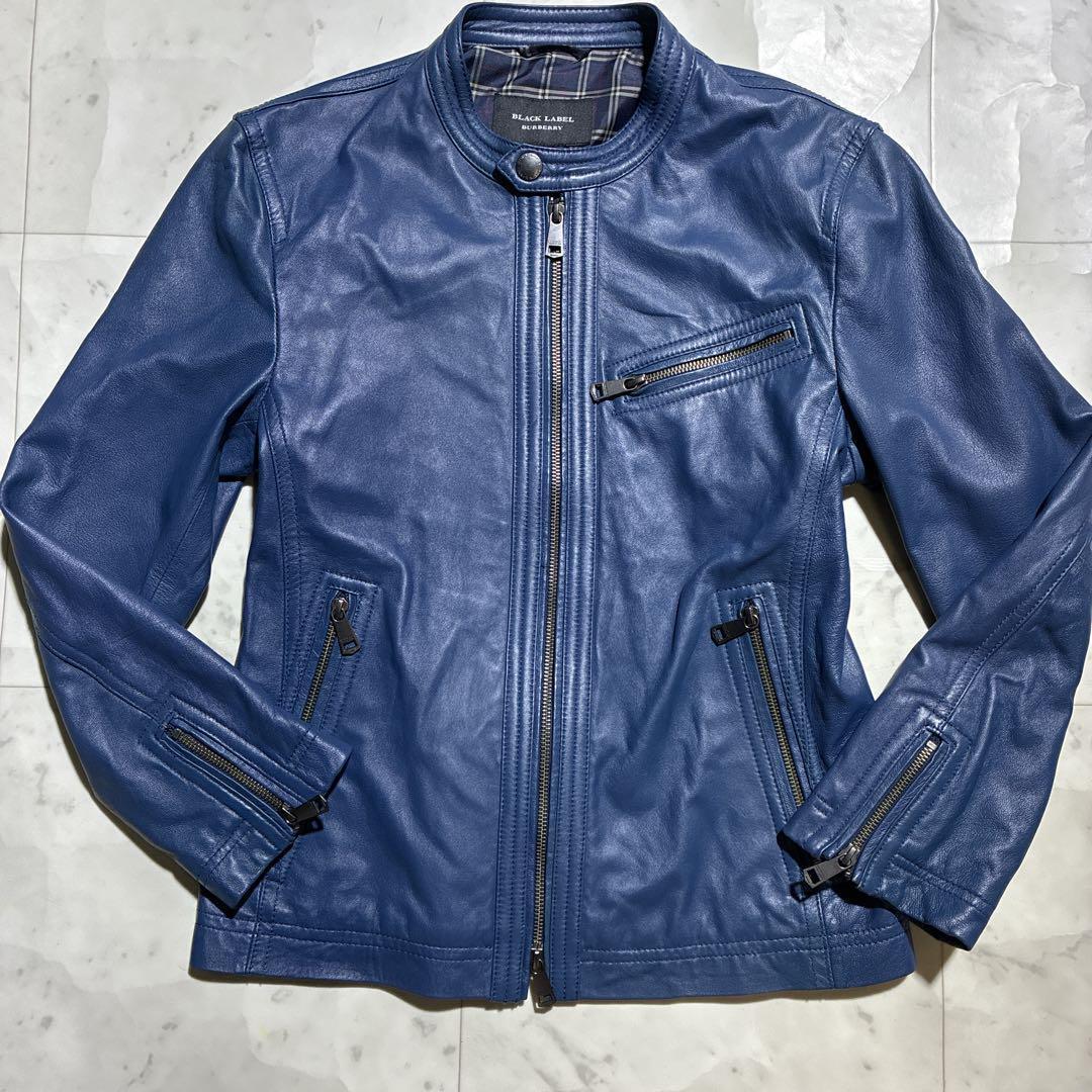 極美品　バーバリーブラックレーベル　ラムレザーレザー　ライダースジャケット　青