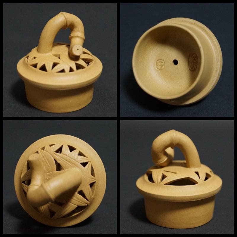 茶道具  名工範澤春 製 『竹彫鏤空』 朱泥急須 透かし彫り 紫砂壺 煎茶道具