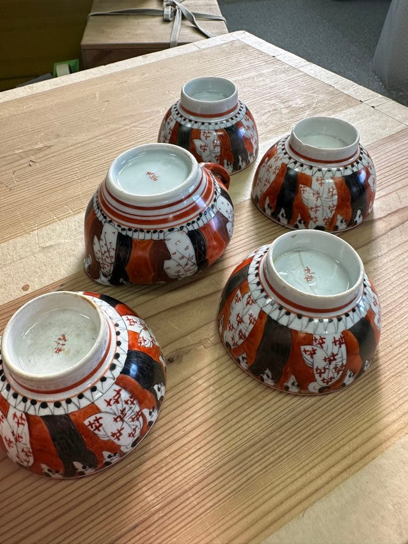 九谷焼6点セート，茶具，茶器，古九谷，百壽老人，赤繪，骨董，インテリア，九谷焼，