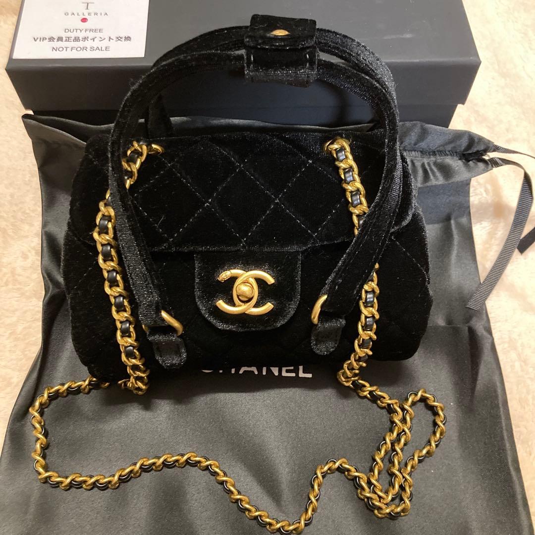 付属品付き CHANEL ベルベット ハンドバッグ ショルダーバッグ ブラック