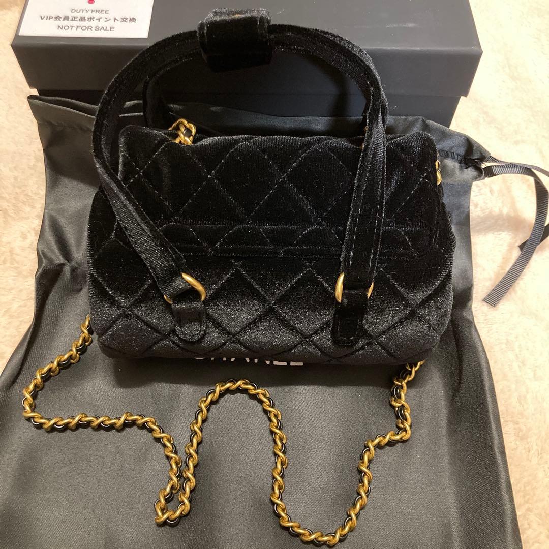 付属品付き CHANEL ベルベット ハンドバッグ ショルダーバッグ ブラック