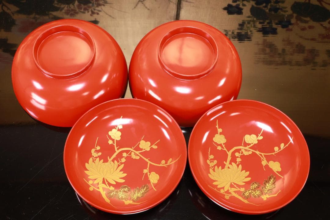 BJ121　時代輪島塗　四君子図蒔絵　吸物椀　二客　木製　茶道具 懐石 会席