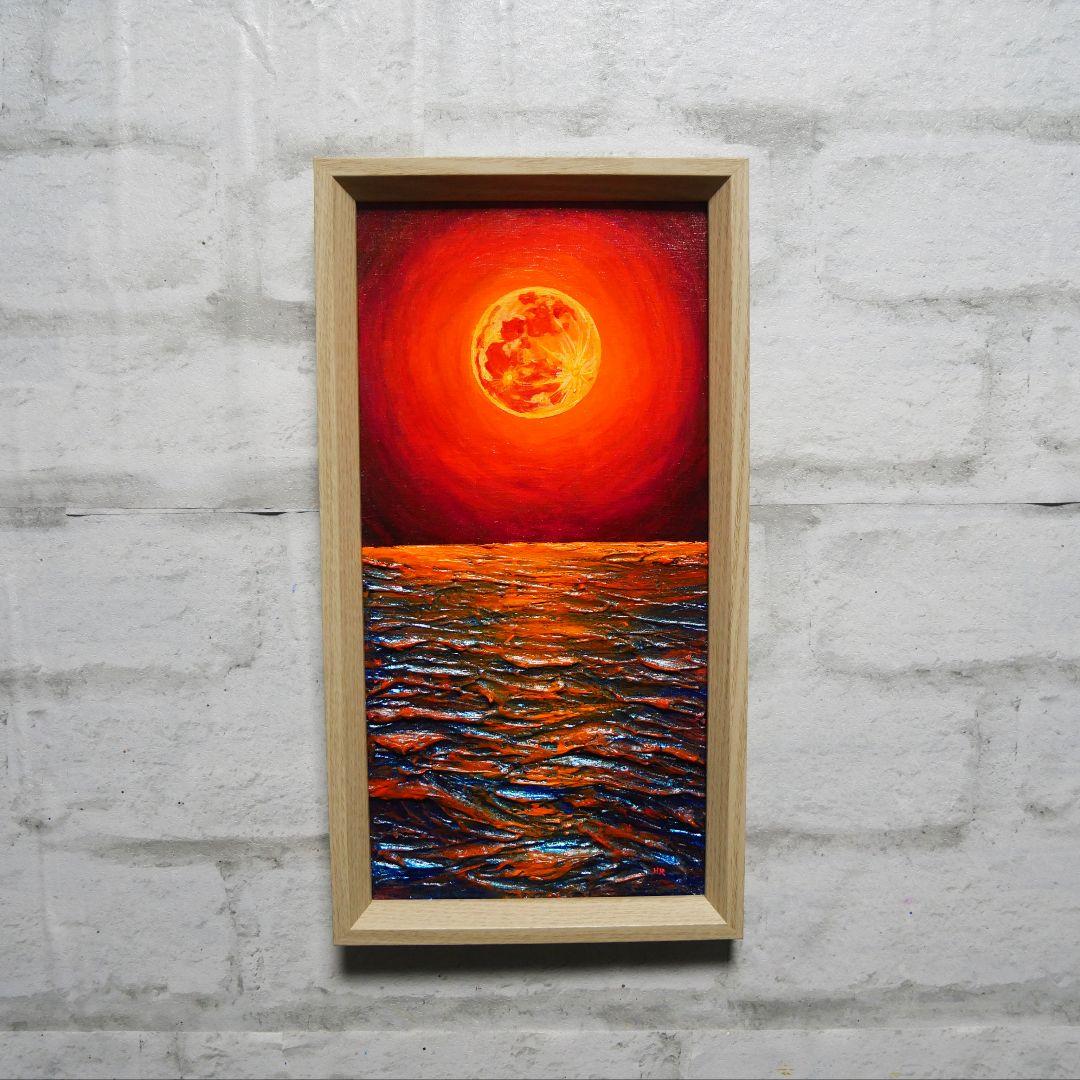 油絵 油彩 油彩画 絵 絵画 長方形ミニ絵画【オレンジ色の満月】