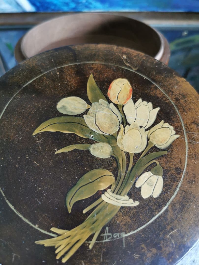 アンティークフランス 手描きチューリップの花束 蓋付きフルーツの木 飴色小物入れ
