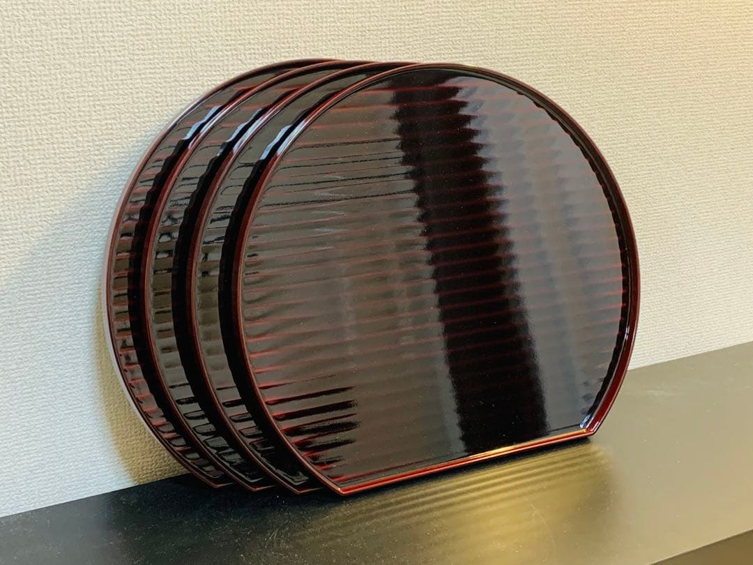 越前塗　半月盆　半月膳　天然木　うるし塗り　尺2 尺二　4枚セット ＋1